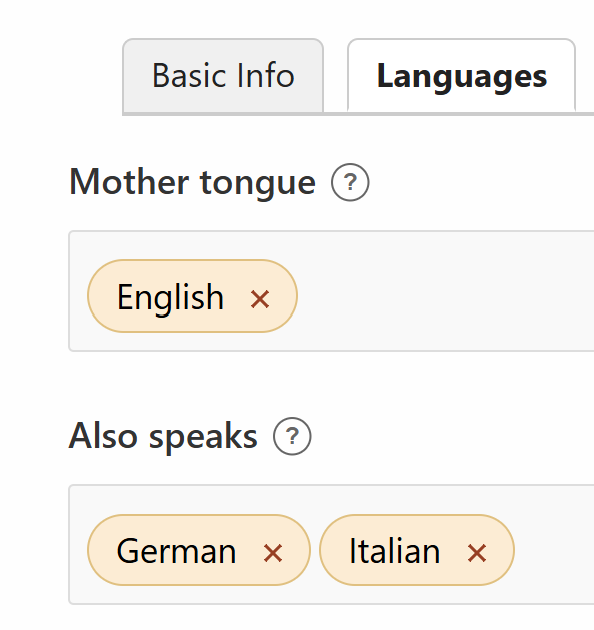 The languages section of an actor profile, showing Mother Tongue above Also speaks